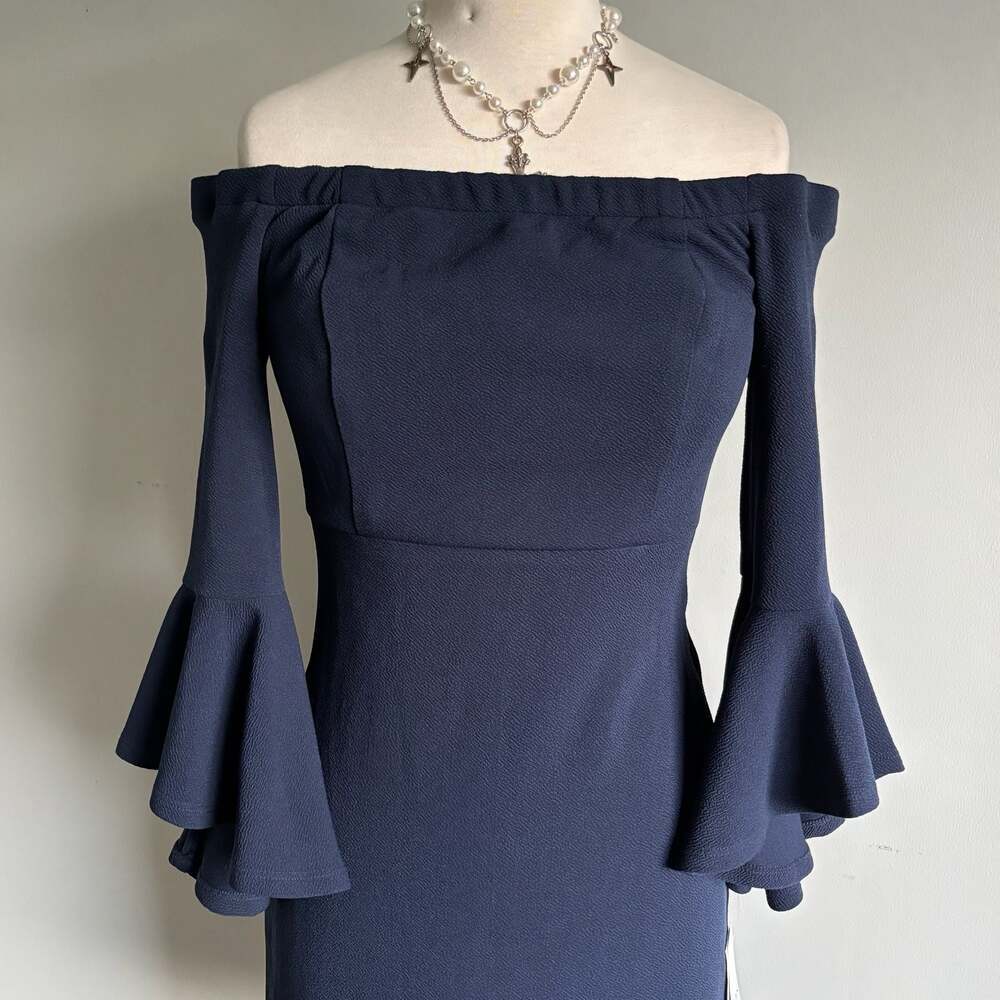 Off-the-Shoulder Navy Blue Bell Sleeve Mini Dress Size 11/12 - Picture 3 of 16